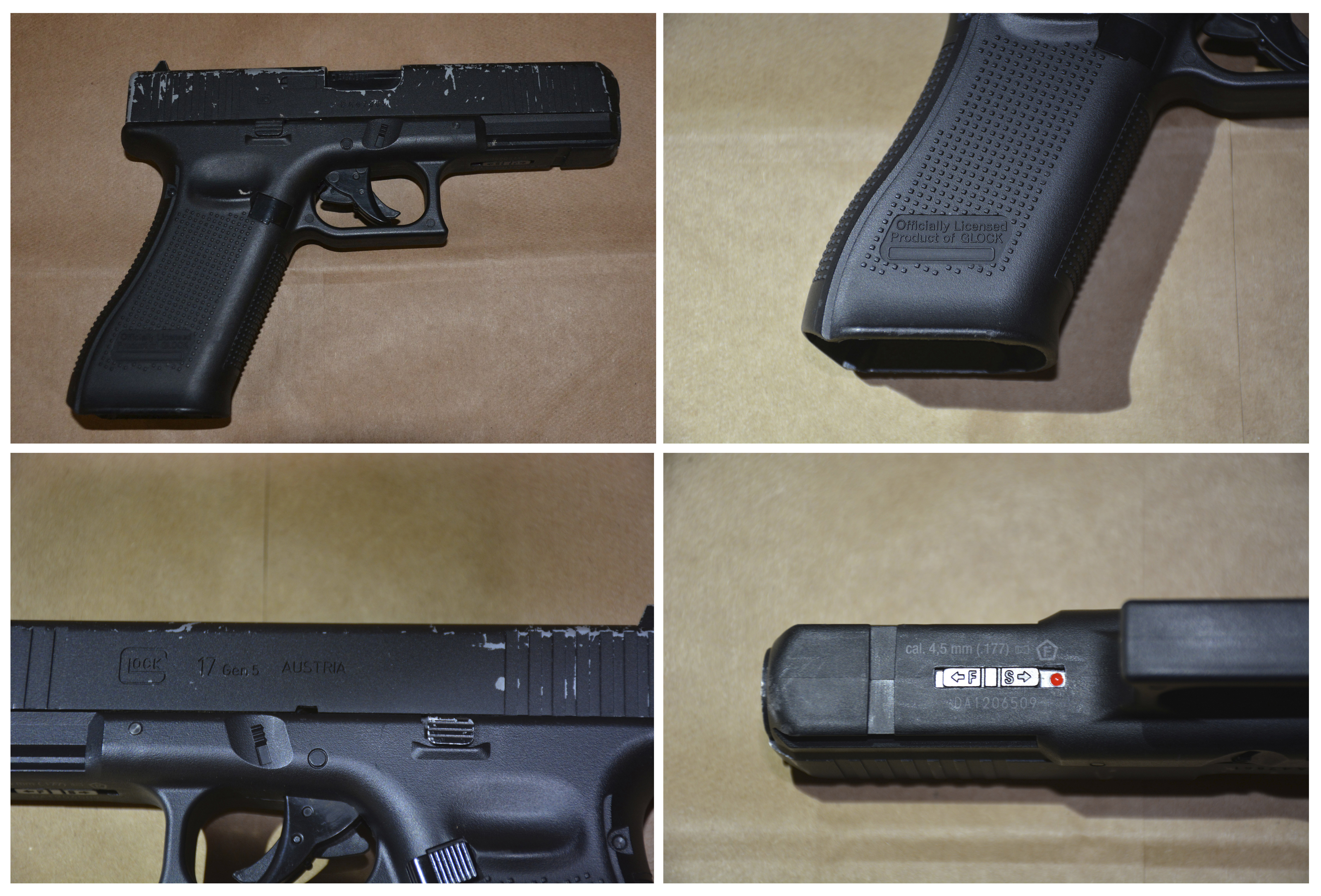 This combination of images released by the Utica Police Department shows a replica of a Glock 17 Gen 5 handgun recovered after an officer fatally shot a 13-year-old boy who had been tackled to the ground after he ran from police and pointed the replica gun at them on Friday, June 28, 2024, in Utica, N.Y. (Utica, N.Y., Police Department via AP)