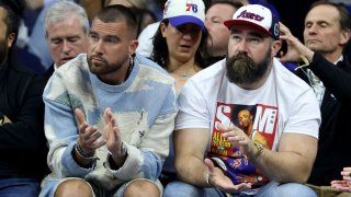 PHILADELPHIA, PENNSYLVANIA – MAY 11: (L-R) Travis Kelce of the Kansas City Chiefs and Jason Kelce of the Philadelphia Eagles watch game six of the Eastern Conference Semifinals in the 2023 NBA Playoffs between the Boston Celtics and the Philadelphia 76ers at Wells Fargo Center on May 11, 2023 in Philadelphia, Pennsylvania. NOTE TO USER: User expressly acknowledges and agrees that, by downloading and or using this photograph, User is consenting to the terms and conditions of the Getty Images License Agreement. (Photo by Tim Nwachukwu/Getty Images)