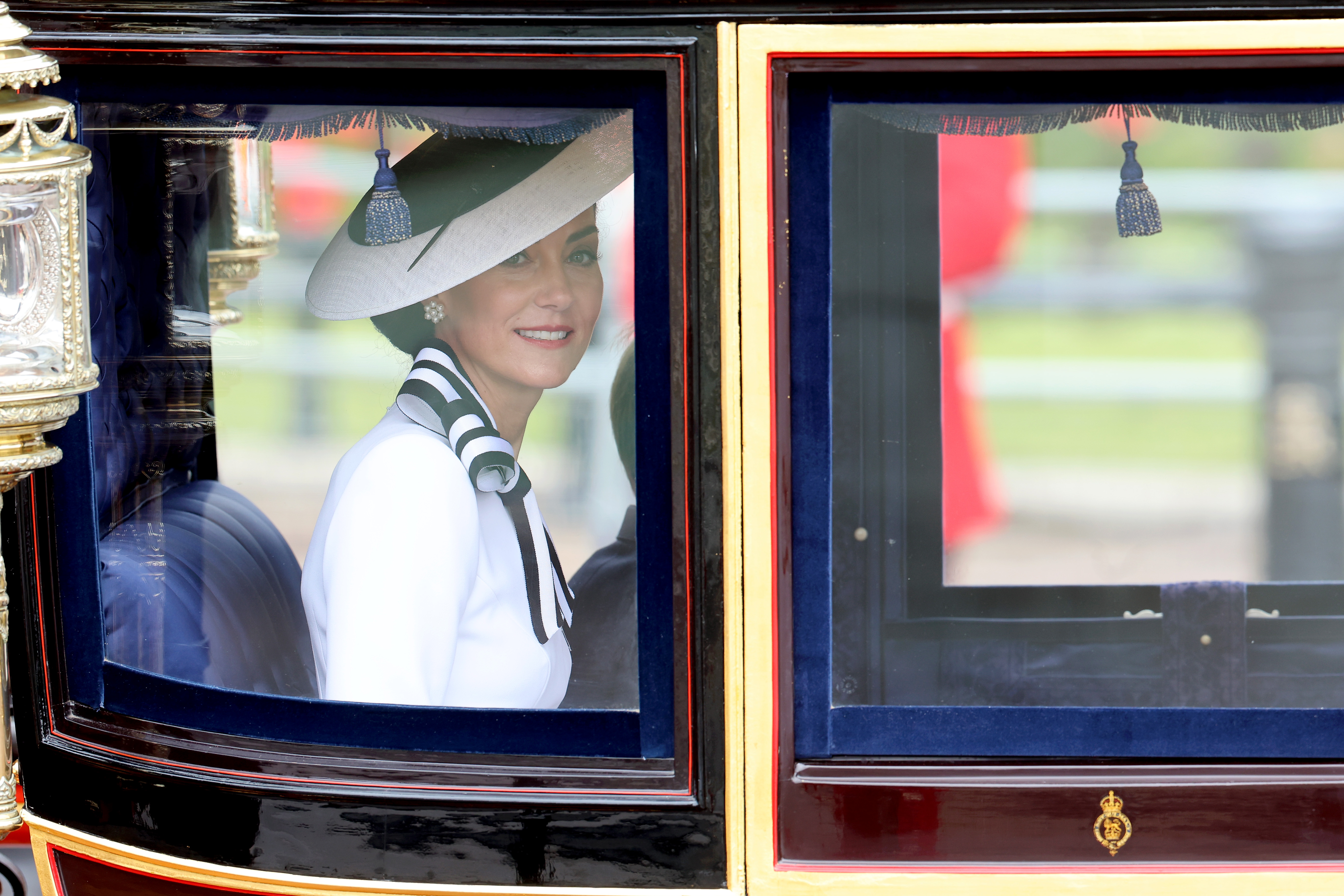 Catherine, Princess of Wales during Trooping the Colour at Buckingham Palace on June 15, 2024 in London, England. Trooping the Colour is a ceremonial parade celebrating the official birthday of the British Monarch. The event features over 1,400 soldiers and officers, accompanied by 200 horses. More than 400 musicians from ten different bands and Corps of Drums march and perform in perfect harmony.