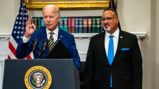 U.S. President Joe Biden, joined by Education Secretary Miguel Cardona, delivers remarks regarding student loan debt forgiveness on Wednesday August 24, 2022. 