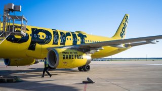 A Spirit Airlines aircraft undergoes operations in preparation for departure at the Austin-Bergstrom International Airport in Austin, Texas, on Feb. 12, 2024.