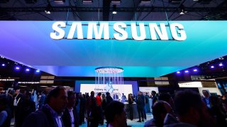 The Samsung logo is on display at their pavilion during the Mobile World Congress in Barcelona, Spain, on February 28, 2024. (Photo by Joan Cros/NurPhoto via Getty Images)