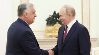 Russia’s President Vladimir Putin meets with Hungary’s Prime Minister Viktor Orban at the Kremlin in Moscow on July 5, 2024. 