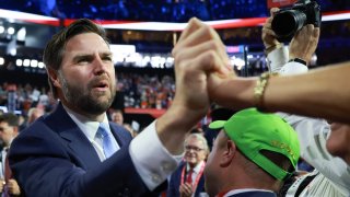 Trump’s pick for Vice President, U.S. Sen. J.D. Vance (R-OH) arrives on the first day of the Republican National Convention at the Fiserv Forum on July 15, 2024 in Milwaukee, Wisconsin. 