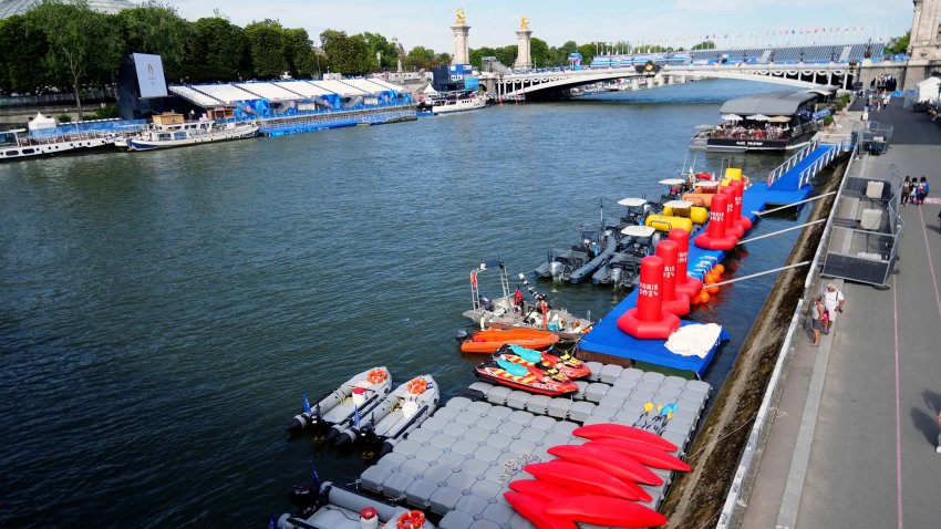 A general view of the pontoon used by Triathlon athletes moored on the River Seine