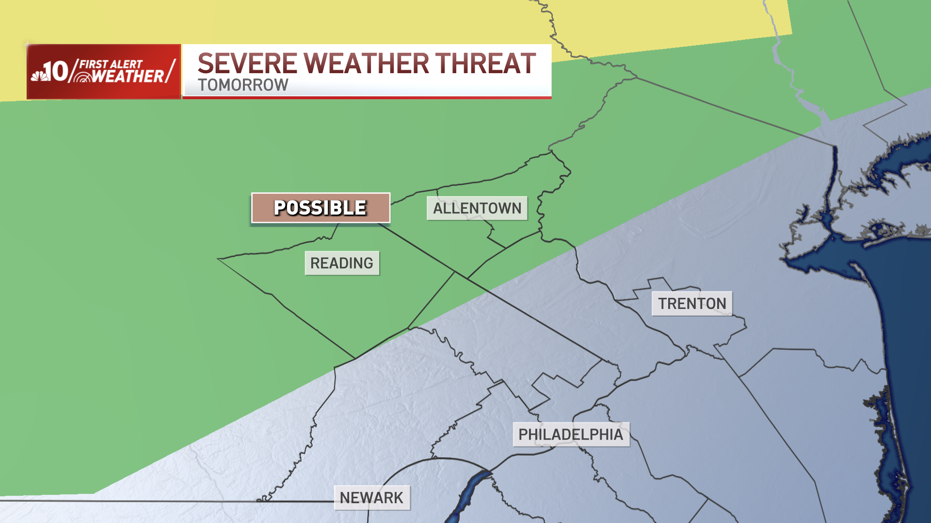 Map of Philadelphia region shows severe weather threat for July 10, 2024.