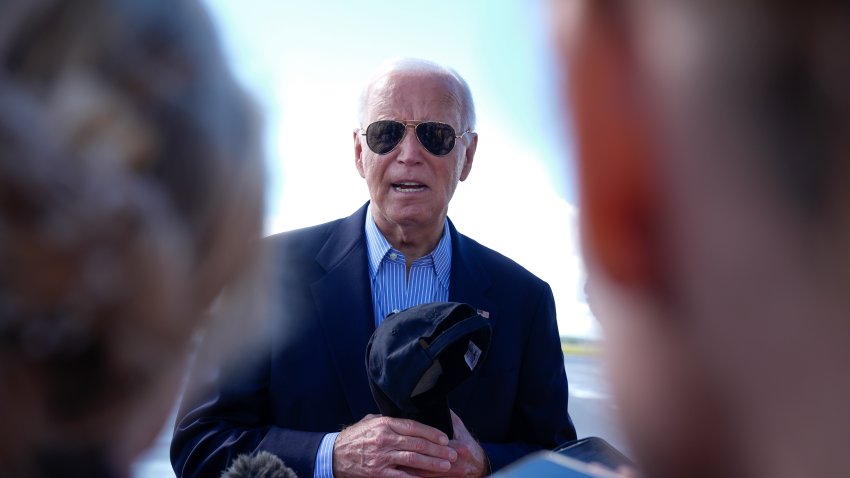 President Joe Biden speaks to reporters on the tarmac before departing at Dane County Regional Airport in Madison, Wis., following a campaign visit, Friday, July 5, 2024.