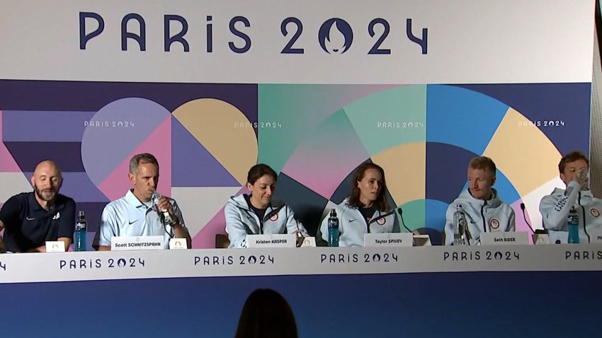 Team USA triathletes in a press conference.