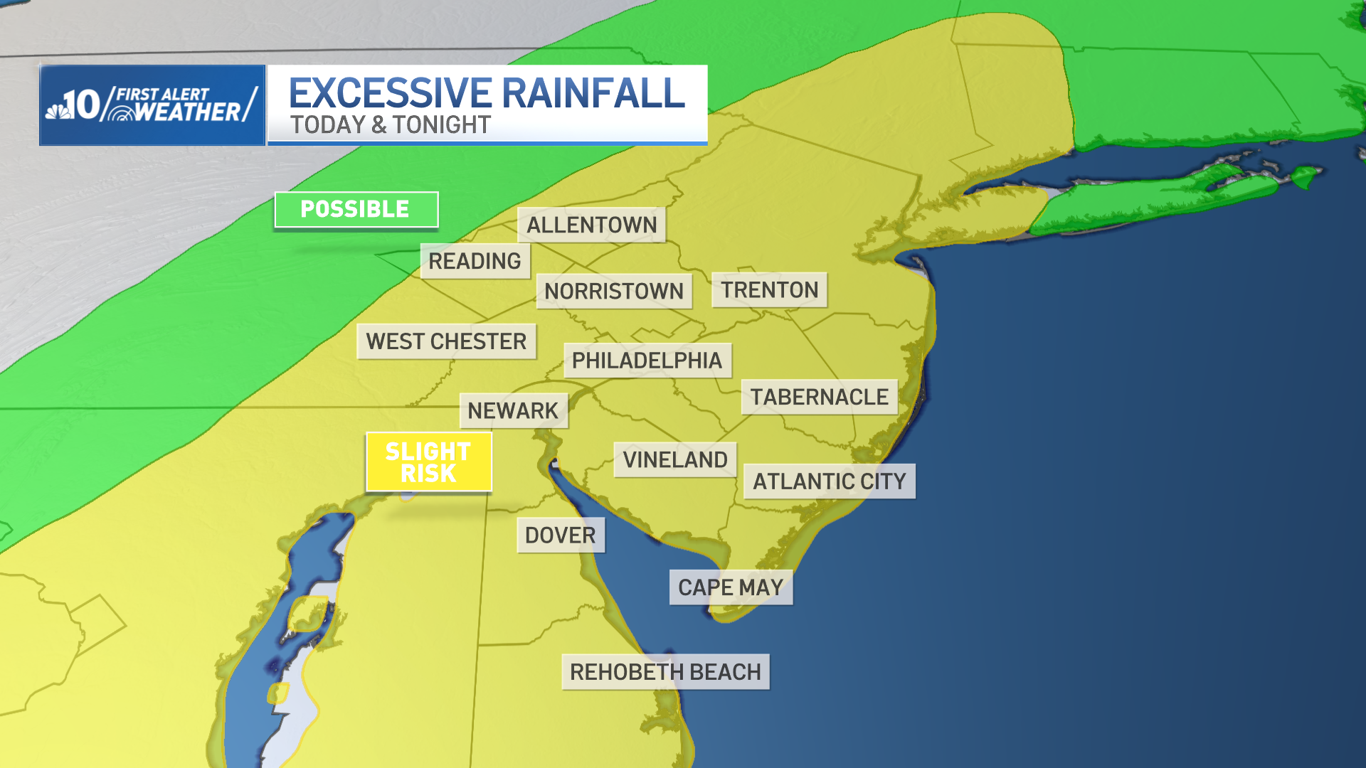 Map of the Philadelphia region showing the probability of excessive precipitation on July 12 and 13.