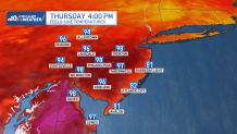 Map of Philadelphia region shows July 4th feels-like temps mostly in the 90s.