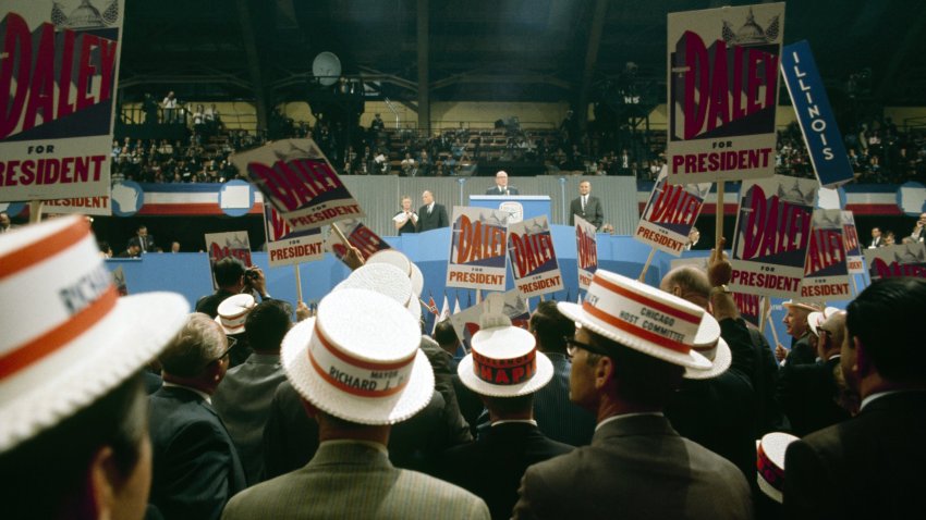 People stand at the 1968 Democratic National Convention