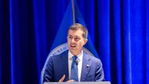 Pete Buttigieg, US transportation secretary, speaks during a hearing in Washington, DC, US, on Thursday, May 9, 2024.