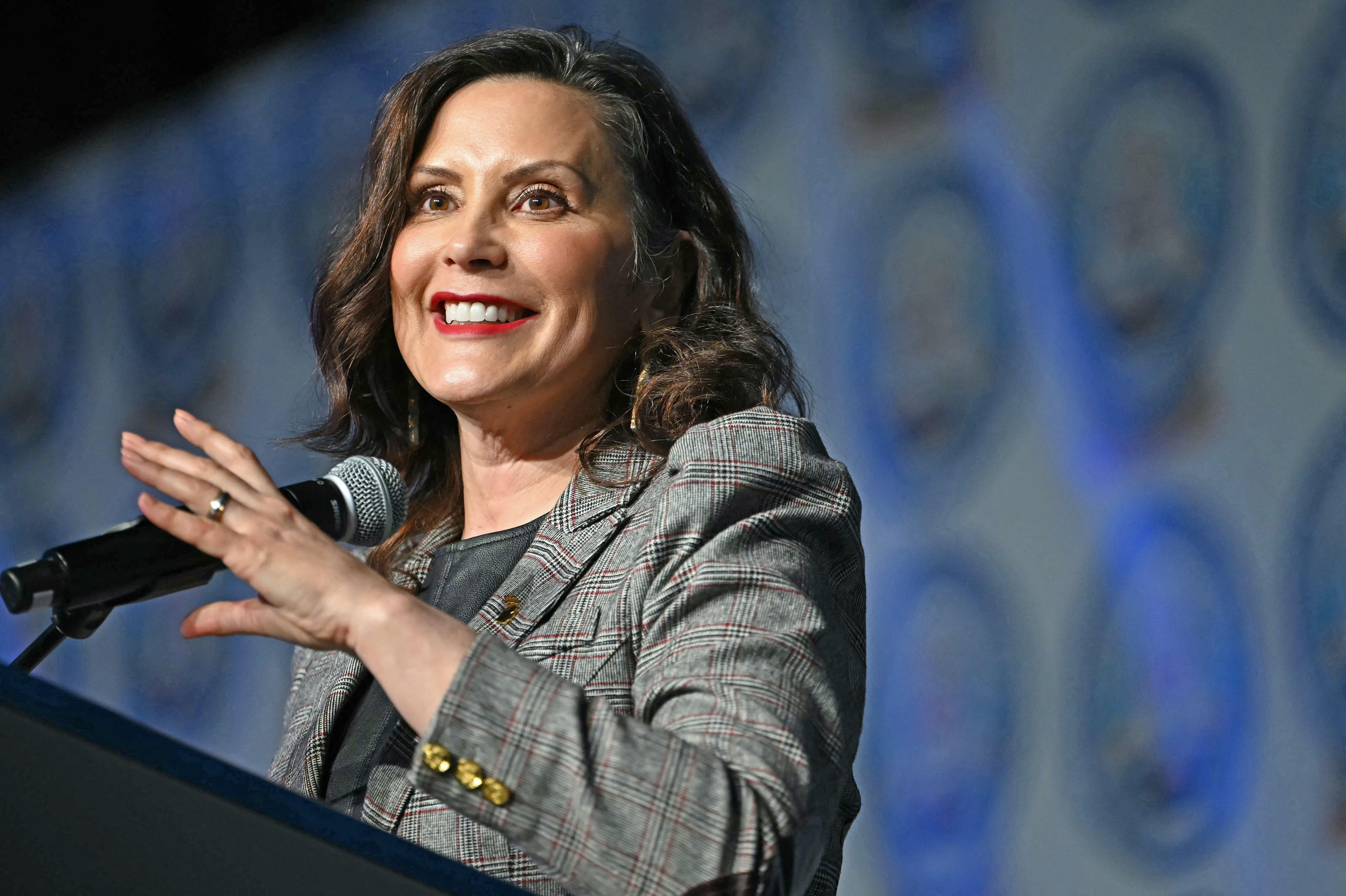 Michigan Governor Gretchen Whitmer speaks at the NAACP Detroit Branch annual "Fight for Freedom Fund Dinner" in Detroit, Michigan on May 19, 2024.