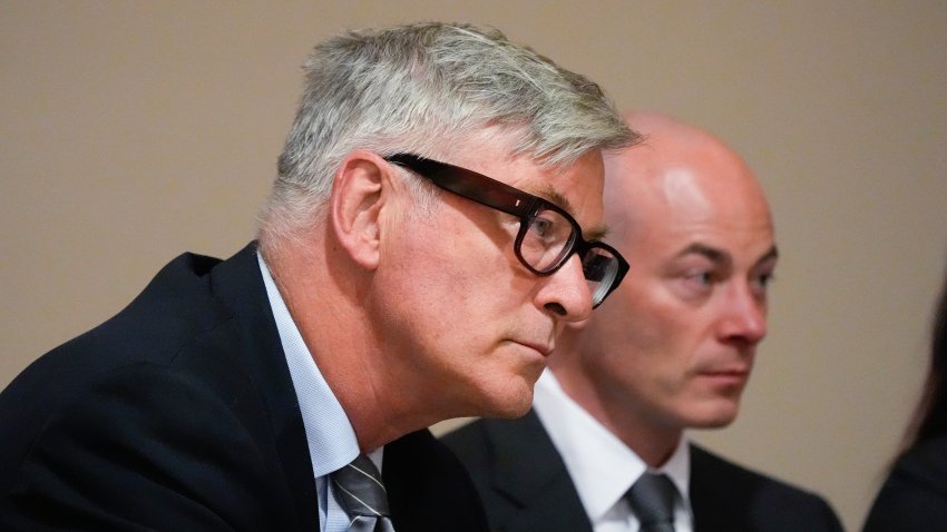 Alec Baldwin listens to testimony during a pretrial hearing.