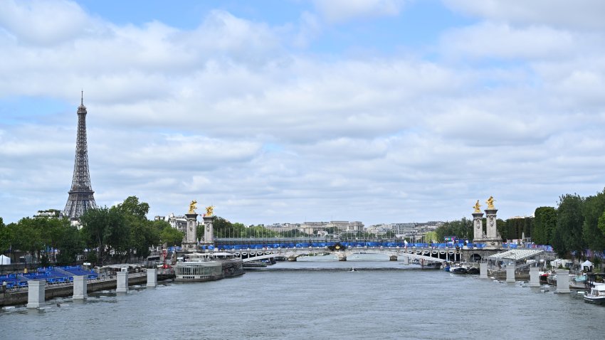 The Eiffel Tower and Seine river are seen before the opening of Paris 2024 Olympics on July 22, 2024 in Paris, France.