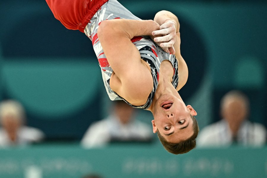 US' Paul Juda competes in the floor event of the artistic gymnastics men's team final during the Paris 2024 Olympic Games at the Bercy Arena.