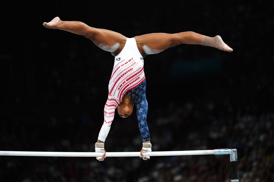 USA's Jordan Chiles performs on the Uneven Bars