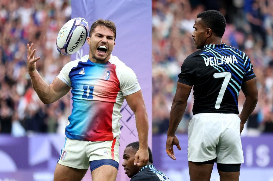 Antoine Dupont of Team France celebrates after scoring a try during the Men’s Rugby Sevens Gold Medal match between France and Fiji