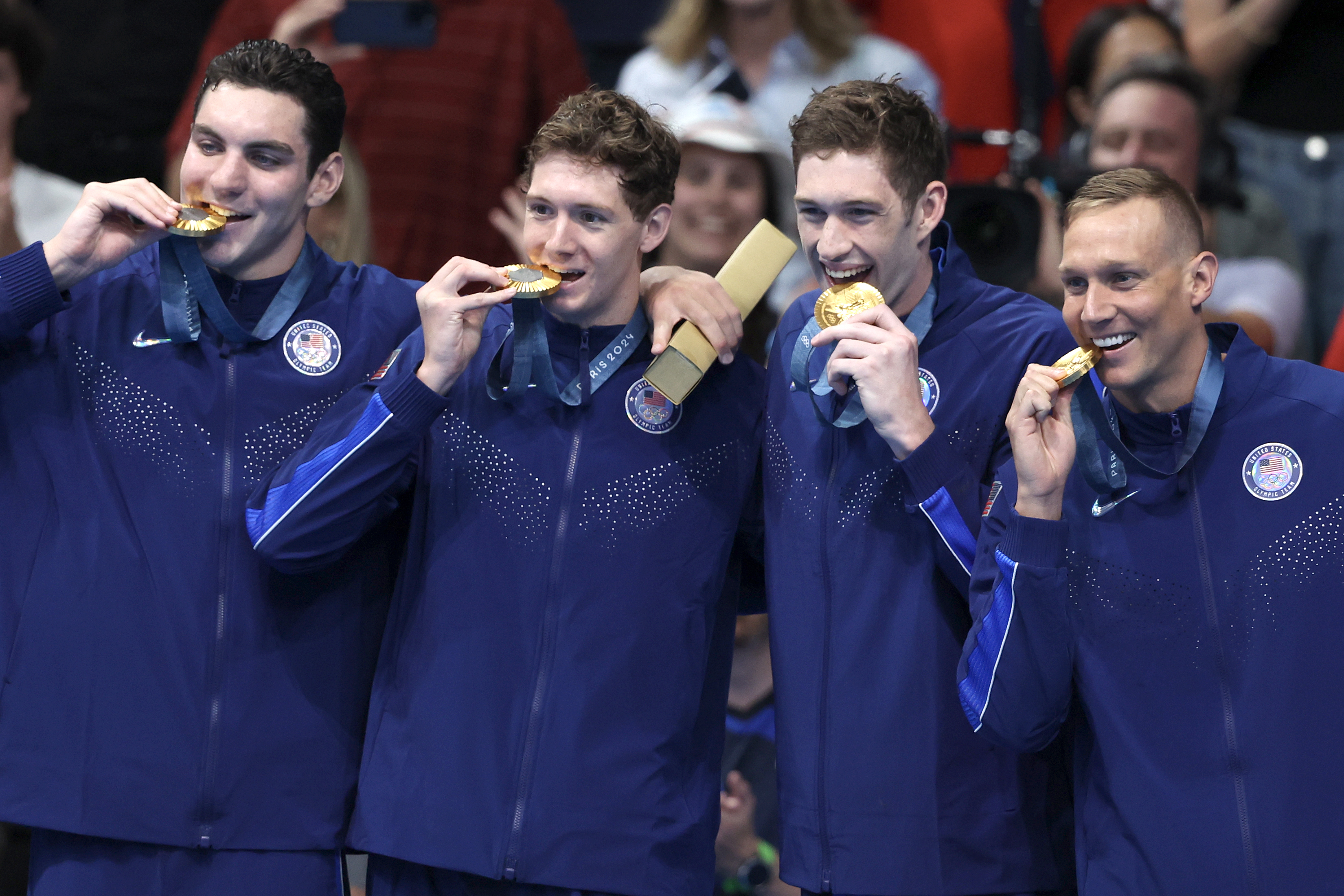 Gold Medalists, Jack Alexy, Chris Guiliano, Hunter Armstrong and Caeleb Dressel of Team USA pose with their medals