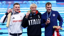 Gold Medalist Nicolo Martinenghi of Team Italy (C) and Silver Medalists Adam Peaty of Team Great Britain (L) and Nic Fink of Team United States (R)