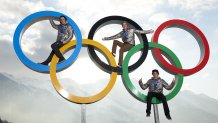 Gus Kenworthy (silver), Joss Christensen (gold), and Nicholas Goepper (bronze) posing on Olympic rings