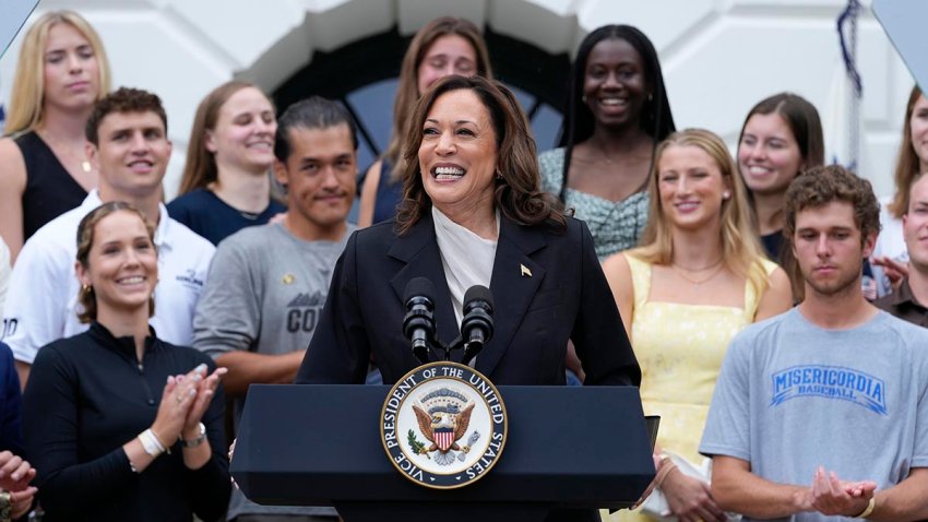 Vice President Kamala Harris speaks from the South Lawn of the White House in Washington, Monday, July 22, 2024, during an event with NCAA college athletes.