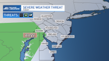 Map shows limited severe weather threat in parts of the Philadelphia region.