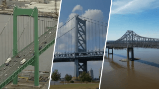 A trio of bridges spanning the Delaware River between Pennsylvania and New Jersey.