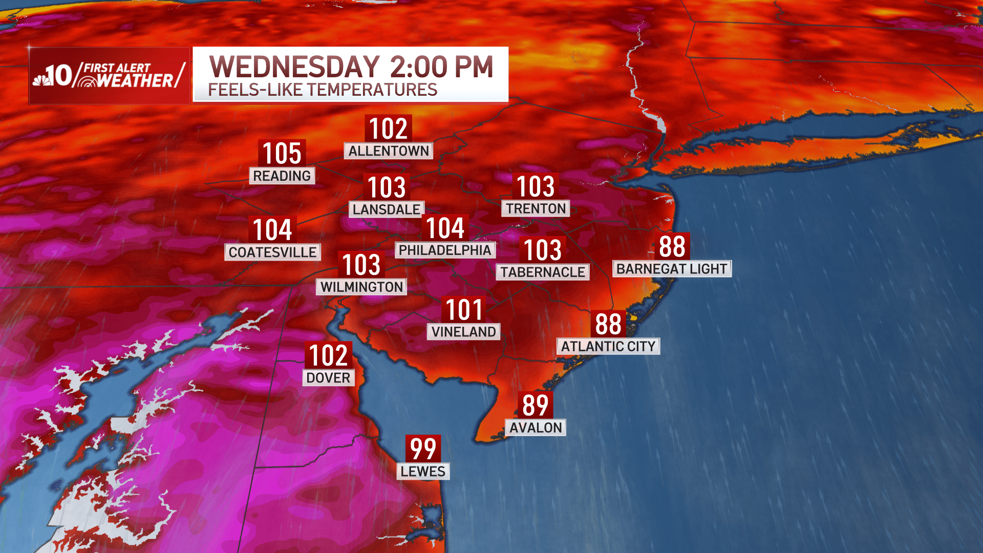 Temps will be feeling over 100 in much of the Philadelphia region Wednesday, July 10