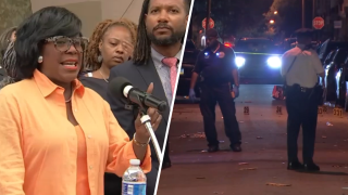 (Left) Philadelphia Mayor Cherelle Parker speaks about a mass shooting in West Philadelphia from Sunday, July 22. (Right) Officers investigate at the scene of the mass shooting.