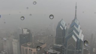 Rain hits an NBC10 camera shot of then Philadelphia skyline during a storm on Sunday, July 14.