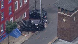 A police vehicle can be seen after crashing into a wall in Trenton, NJ, on Thursday, July 25, 2024.