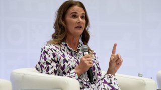 Melinda Gates, co-chair of the Bill & Melinda Gates Foundation, participates in a panel titled “Digital Public Infrastructure: Stacking Up the Benefits” at the 2023 Spring Meetings of the World Bank Group and the International Monetary Fund in Washington, April 14, 2023.