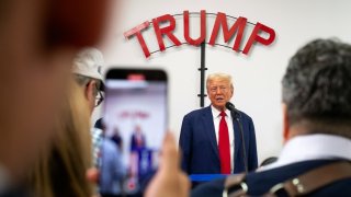 Republican presidential nominee, former U.S. President Donald Trump speaks at Trump Force 47 campaign headquarters on August 26, 2024 in Roseville, Michigan. 