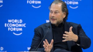 Salesforce chair and CEO Marc Benioff speaks at the World Economic Forum in Davos, Switzerland, on Jan. 18, 2024.