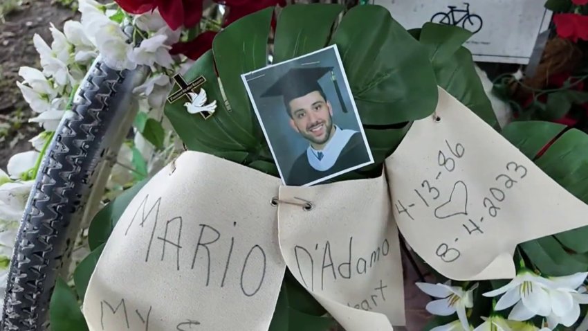 A memorial for Mario D'Adamo, who was killed while riding his bike in a bike lane in FDR Park on Aug. 3, 2023.