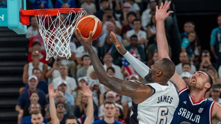 LeBron James shooting during a basketball game.