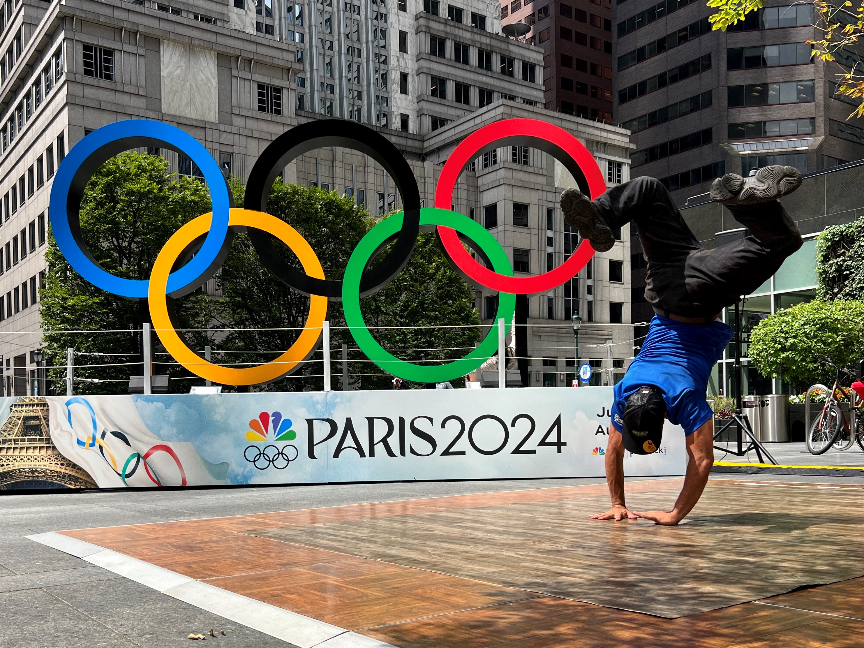 Breakdancer in front of Philadelphia's Comcast Plaza.