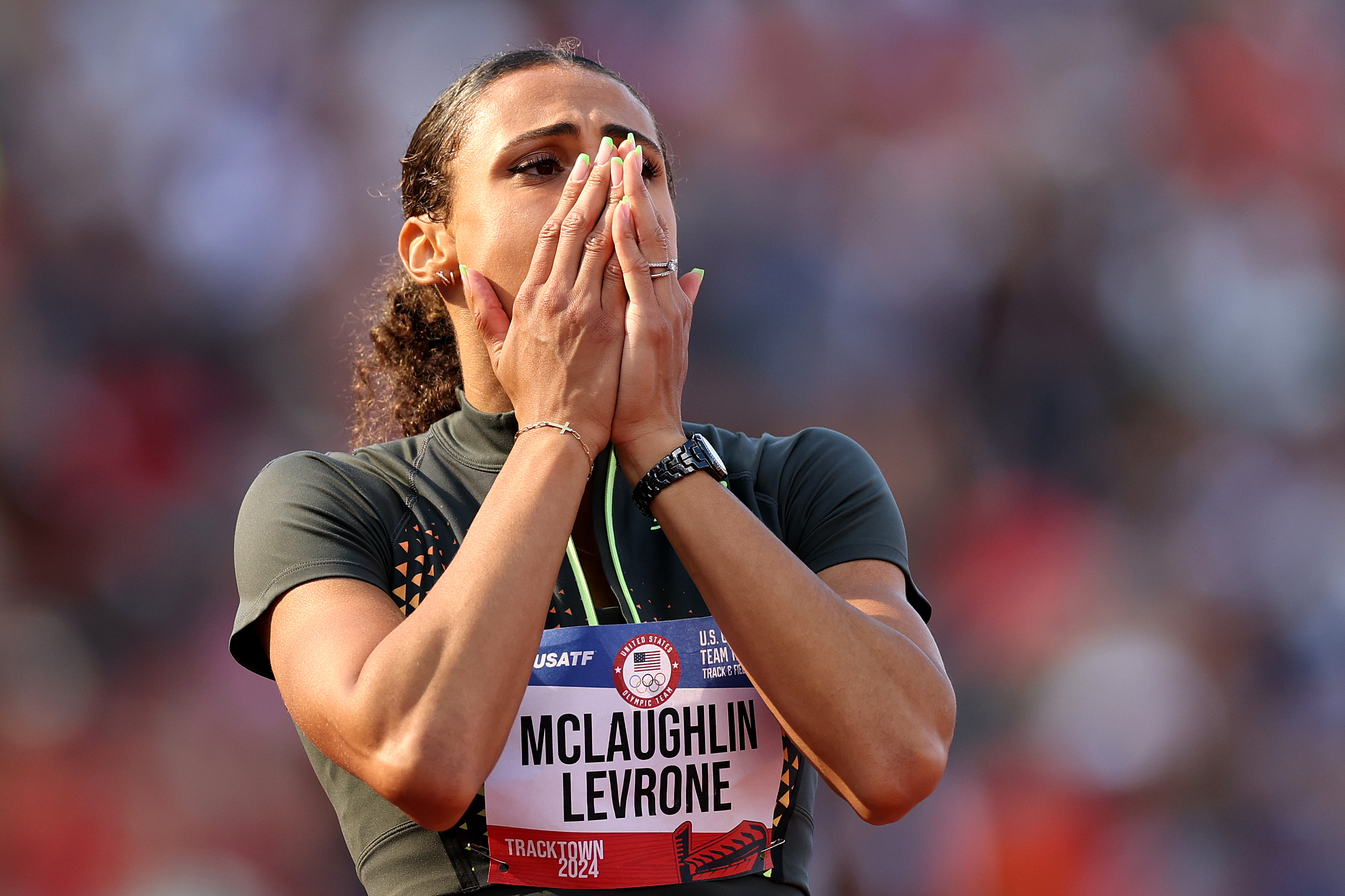 EUGENE, OREGON - JUNE 30: Sydney McLaughlin-Levrone reacts after setting a new world record in the women's 400 meter hurdles final on Day Ten of the 2024 U.S. Olympic Team Track & Field Trials at Hayward Field on June 30, 2024 in Eugene, Oregon. (Photo by Patrick Smith/Getty Images)