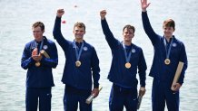 01 August 2024, France, Vaires-Sur-Marne: Paris 2024, Olympics, rowing, Vaires-sur-Marne Nautical Stadium, coxless fours, men, final, Nick Mead, Justin Best, Michael Grady and Liam Corrigan from the USA celebrate with gold medals. Photo: Sebastian Kahnert/dpa (Photo by Sebastian Kahnert/picture alliance via Getty Images)