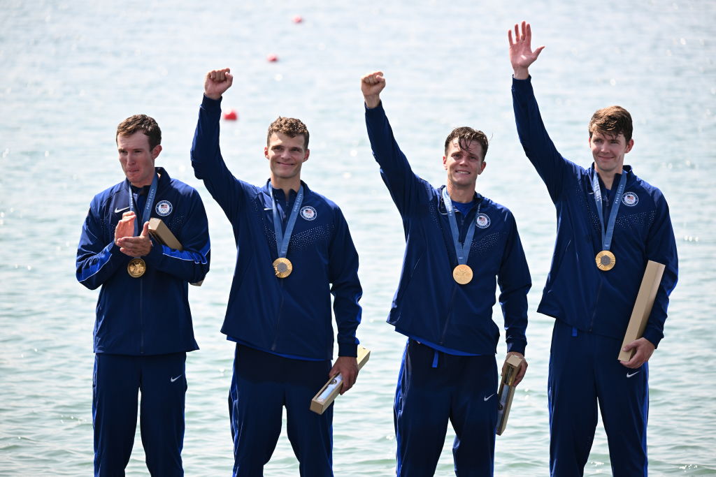 01 August 2024, France, Vaires-Sur-Marne: Paris 2024, Olympics, rowing, Vaires-sur-Marne Nautical Stadium, coxless fours, men, final, Nick Mead, Justin Best, Michael Grady and Liam Corrigan from the USA celebrate with gold medals. Photo: Sebastian Kahnert/dpa (Photo by Sebastian Kahnert/picture alliance via Getty Images)