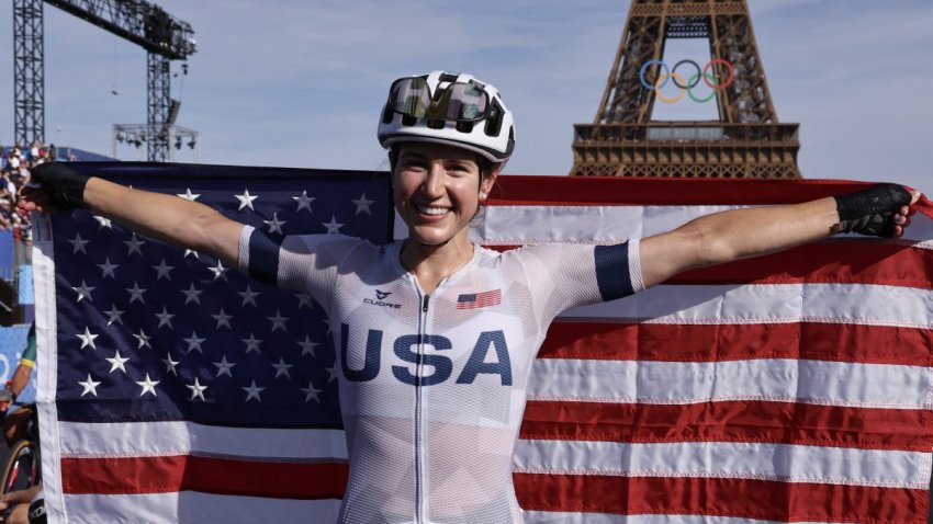 Kristen Faulkner poses with the American flag