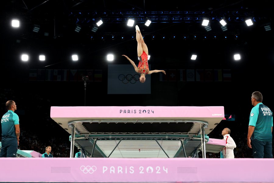 Zhu Xueying competes during trampoline yymnastics