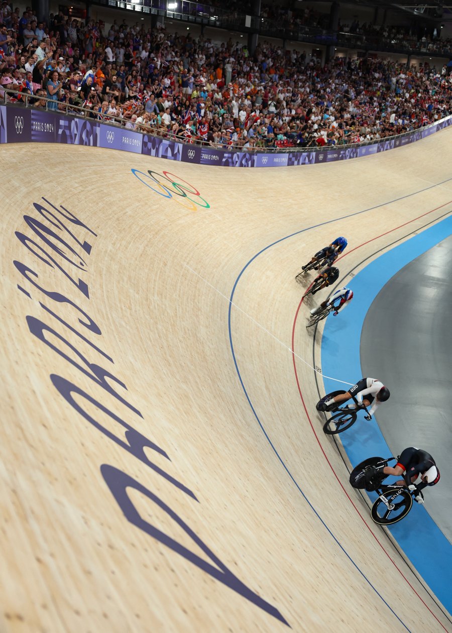 Britain's Emma Finucane, Germany's Lea Sophie Friedrich, France's Taky Marie Divine Kouame, Malaysia's Nurul Izzah Izzati Mohd Asri, Colombia's Stefany Lorena Cuadrado Florez, and Italy's Sara Fiorin compete in the women's track cycling keirin first round of the Paris 2024 Olympic Games at the Saint-Quentin-en-Yvelines National Velodrome in Montigny-le-Bretonneux, south-west of Paris, on August 7, 2024