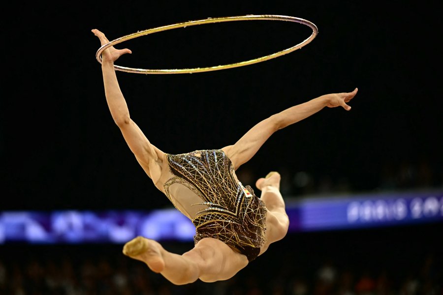 Spain's Polina Berezina as she competes in the rhytmic gymnastics' individual all-around qualification during the Paris 2024 Olympic Games at the Porte de la Chapelle Arena in Paris, on August 8, 2024