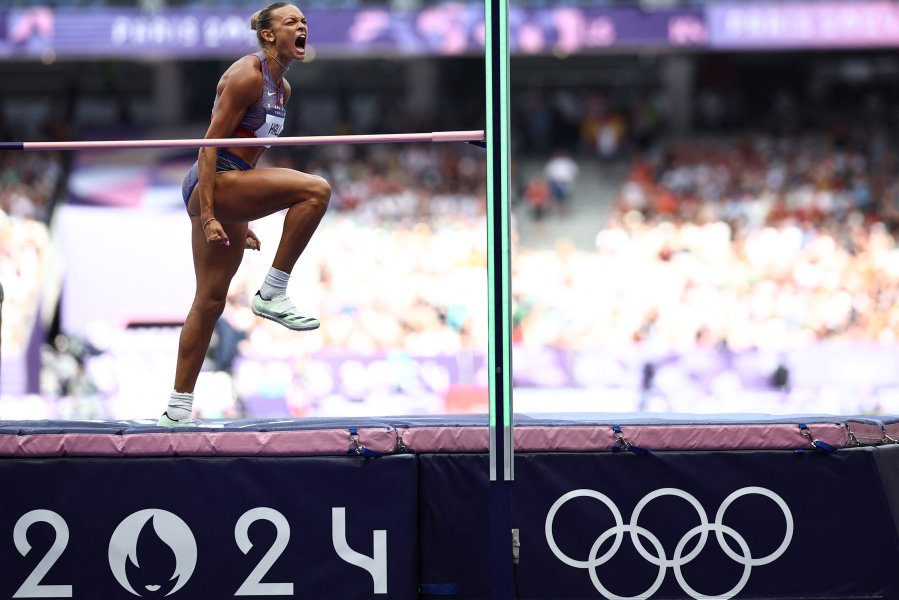 US' Anna Hall reacts after competing in the women's heptathlon high jump of the athletics event at the Paris 2024 Olympic Games at Stade de France in Saint-Denis, north of Paris, on August 8, 2024