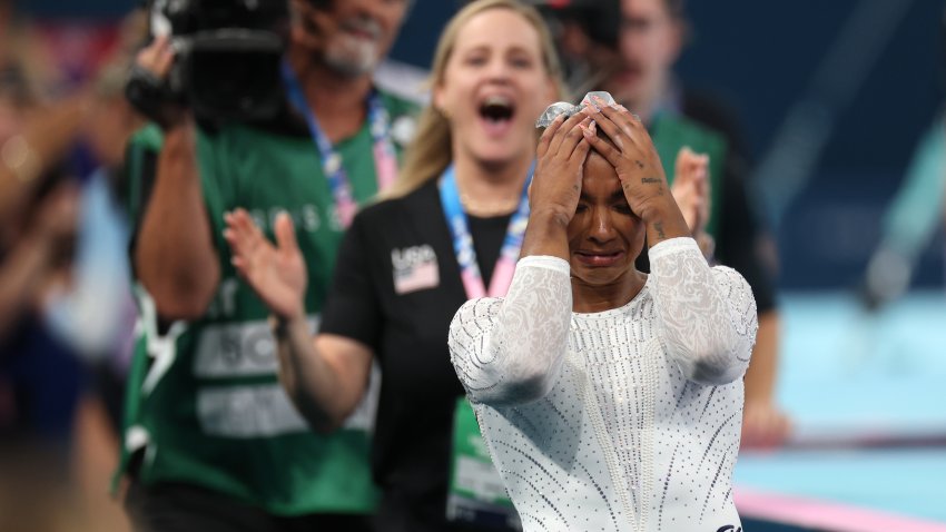 Jordan Chiles of Team United States celebrates winning the bronze medal after competing in the Artistic Gymnastics Women's Floor Exercise Final on day ten of the Olympic Games Paris 2024 at Bercy Arena on August 05, 2024 in Paris, France. (Photo by Jamie Squire/Getty Images)