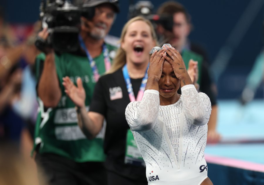 Jordan Chiles of Team United States celebrates winning the bronze medal after competing in the Artistic Gymnastics Women's Floor Exercise Final on day ten of the Olympic Games Paris 2024 at Bercy Arena on August 05, 2024 in Paris, France