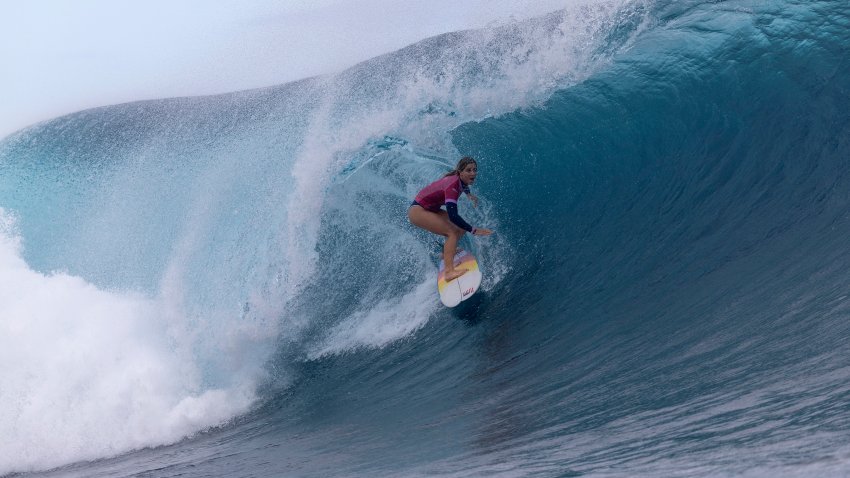 Caroline Marks of Team United States rides a wave during the women's gold medal match of surfing on day nine of the Olympic Games Paris 2024 on August 05, 2024 in Teahupo'o, French Polynesia.