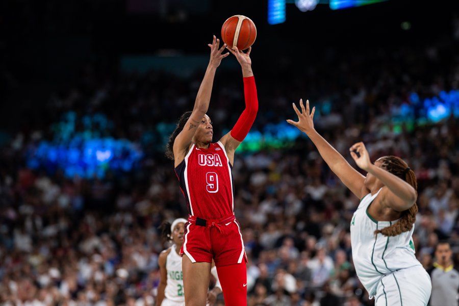 A'ja Wilson shoots over Lauren Ebo